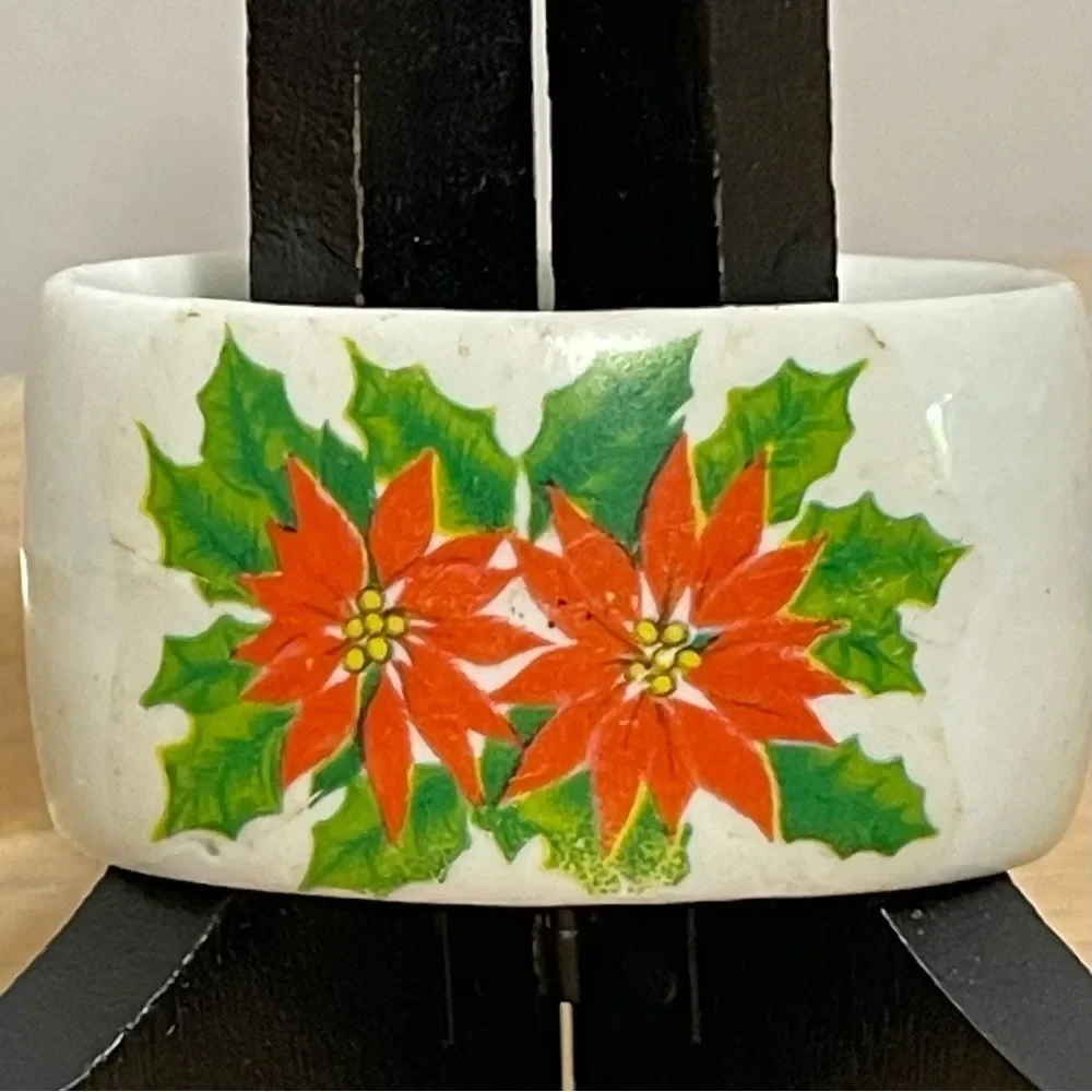 Porcelain Poinsettia & Holly Christmas Napkin Rings Festive Holiday Design 3 Set